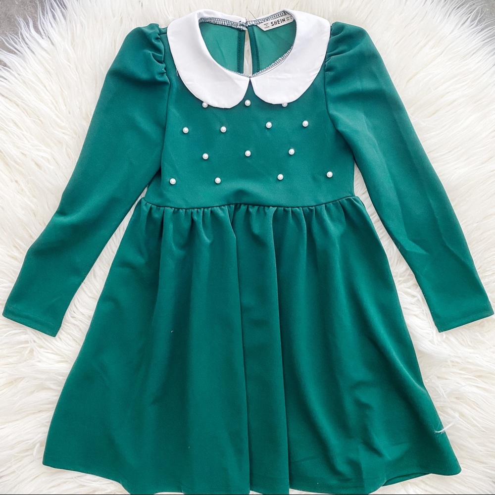 Girls Contrast Peter Pan Collar Pearl Detail Dress